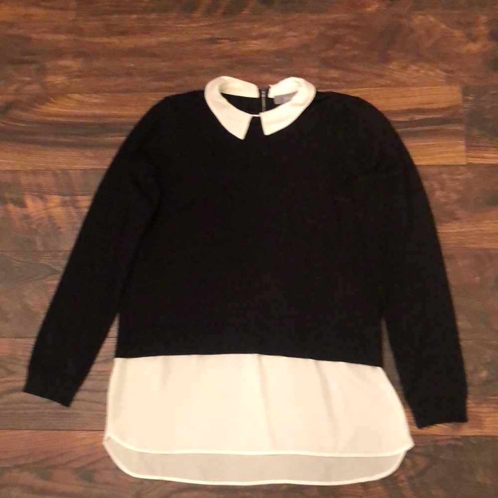 Blk crew neck sweater w white blouse sewn in